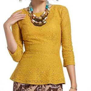 ANTHROPOLOGIE Lace Peplum Blouse Top Gold Yellow 3/4 Sleeves NEW